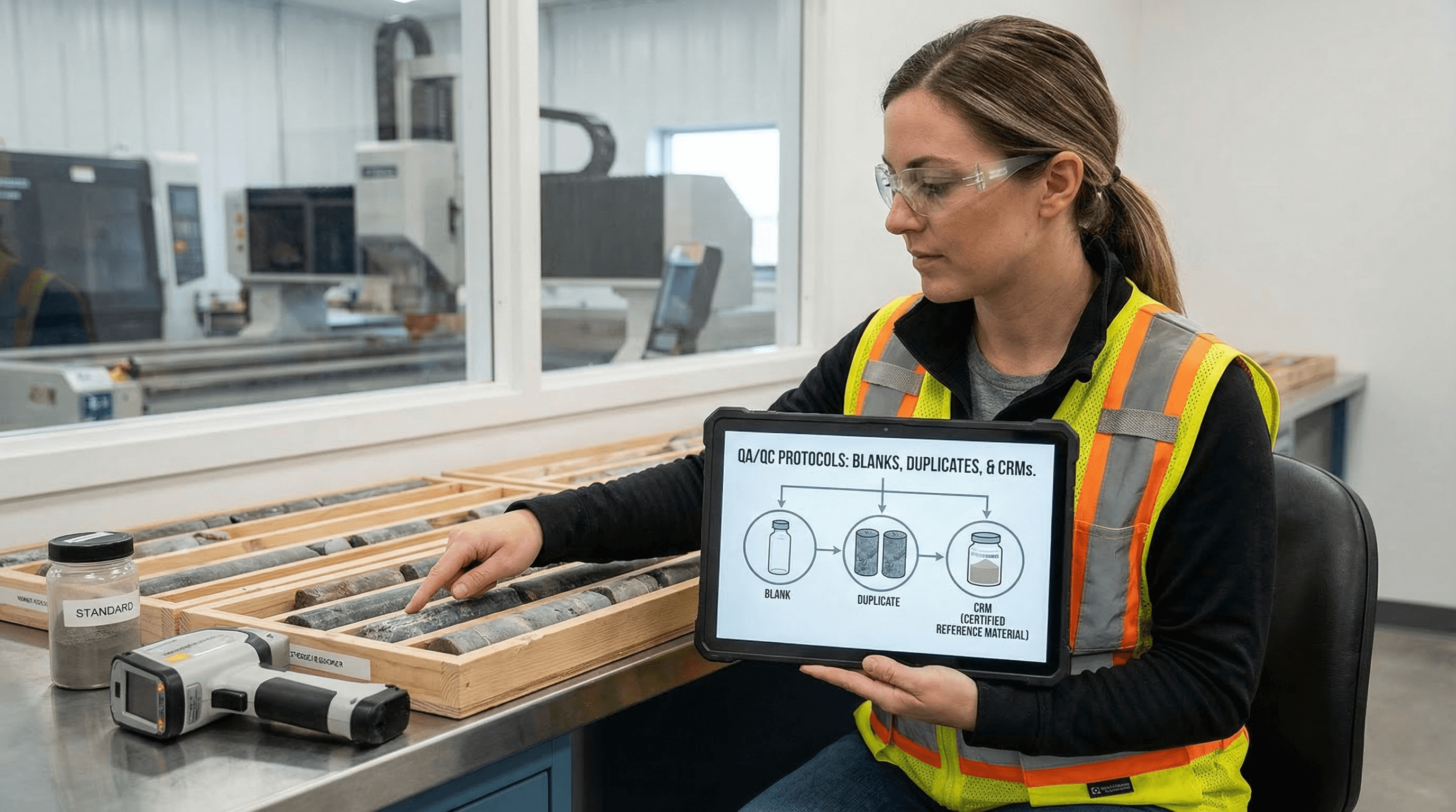 Geólogo analizando datos de QA/QC en campo con gráficos de control